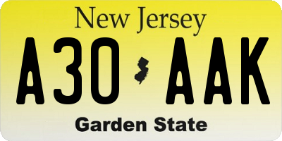 NJ license plate A30AAK