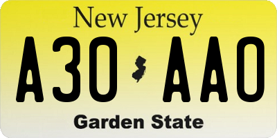 NJ license plate A30AAO