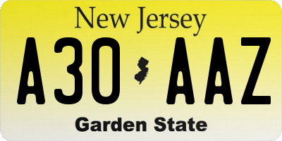 NJ license plate A30AAZ