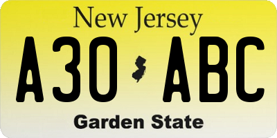 NJ license plate A30ABC