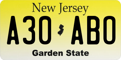 NJ license plate A30ABO
