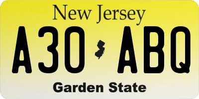 NJ license plate A30ABQ