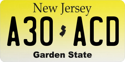 NJ license plate A30ACD