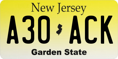 NJ license plate A30ACK
