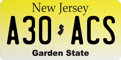 NJ license plate A30ACS