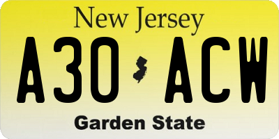 NJ license plate A30ACW