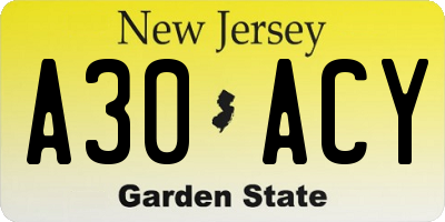 NJ license plate A30ACY