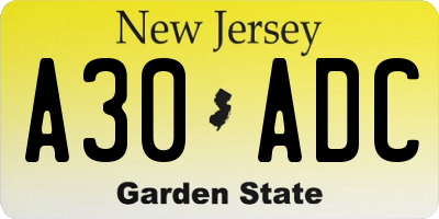 NJ license plate A30ADC