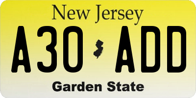 NJ license plate A30ADD