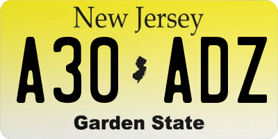 NJ license plate A30ADZ