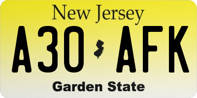 NJ license plate A30AFK
