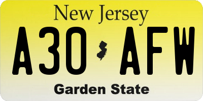 NJ license plate A30AFW