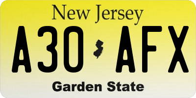 NJ license plate A30AFX