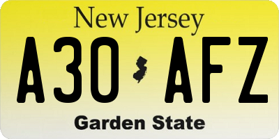 NJ license plate A30AFZ