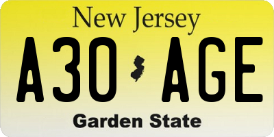 NJ license plate A30AGE