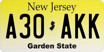 NJ license plate A30AKK