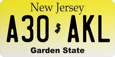 NJ license plate A30AKL