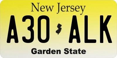 NJ license plate A30ALK