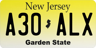 NJ license plate A30ALX