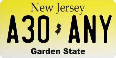 NJ license plate A30ANY