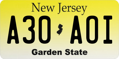 NJ license plate A30AOI