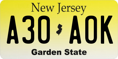 NJ license plate A30AOK