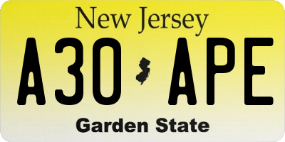NJ license plate A30APE
