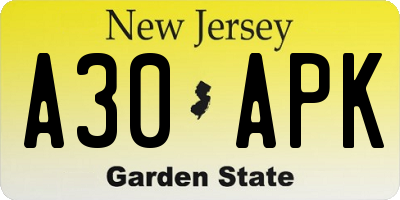 NJ license plate A30APK