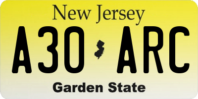 NJ license plate A30ARC
