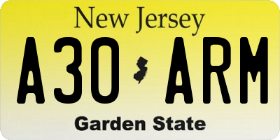 NJ license plate A30ARM