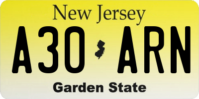 NJ license plate A30ARN