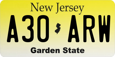 NJ license plate A30ARW