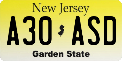 NJ license plate A30ASD