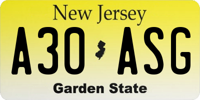 NJ license plate A30ASG