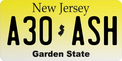 NJ license plate A30ASH