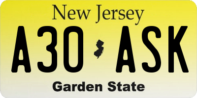 NJ license plate A30ASK