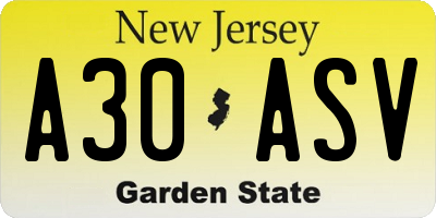 NJ license plate A30ASV