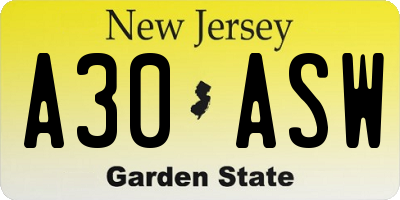 NJ license plate A30ASW