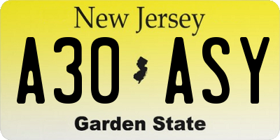 NJ license plate A30ASY