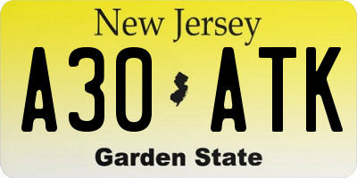 NJ license plate A30ATK