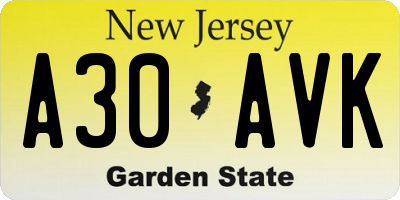 NJ license plate A30AVK