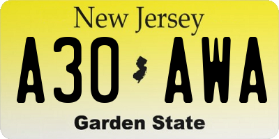 NJ license plate A30AWA