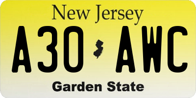 NJ license plate A30AWC