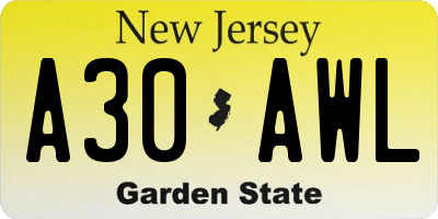 NJ license plate A30AWL