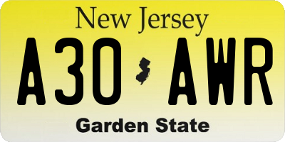 NJ license plate A30AWR