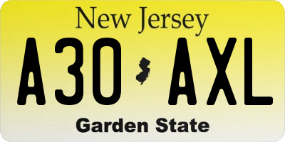 NJ license plate A30AXL