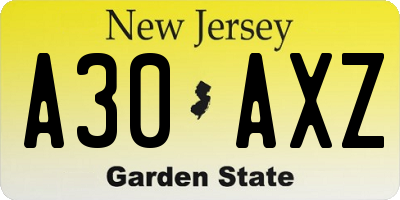NJ license plate A30AXZ