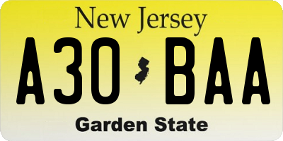 NJ license plate A30BAA