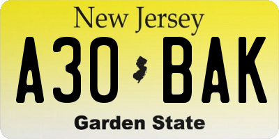 NJ license plate A30BAK