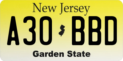 NJ license plate A30BBD